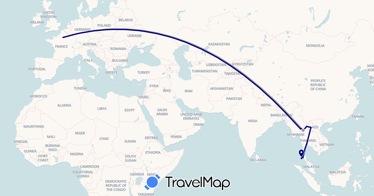TravelMap itinerary: driving, plane in France, Laos, Thailand (Asia, Europe)
